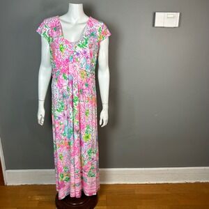 Lilly Pulitzer Breanna Maxi Dress 2X Paradise Found Pink Floral Deep V Neck
